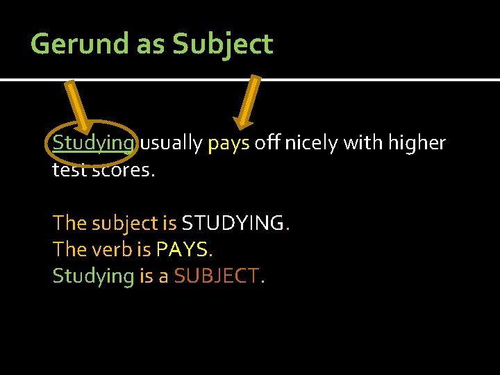Gerund as Subject Studying usually pays off nicely with higher test scores. The subject Gerund as Subject Studying usually pays off nicely with higher test scores. The subject