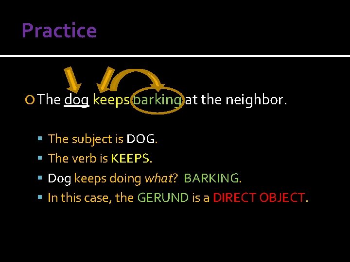 Practice The dog keeps barking at the neighbor. The subject is DOG. The verb