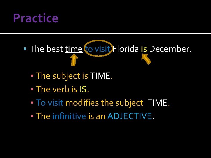 Practice The best time to visit Florida is December. ▪ The subject is TIME.