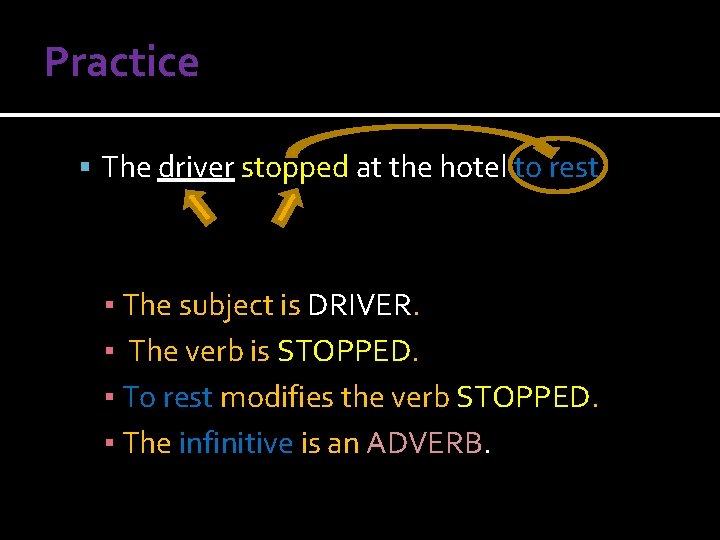 Practice The driver stopped at the hotel to rest. ▪ The subject is DRIVER.