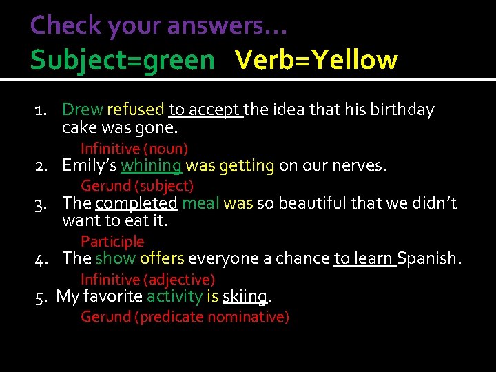 Check your answers… Subject=green Verb=Yellow 1. Drew refused to accept the idea that his