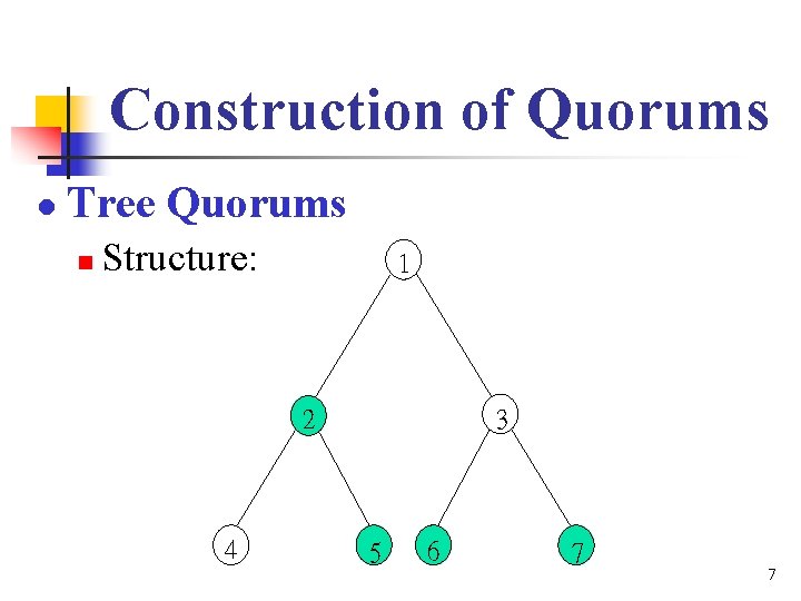 Construction of Quorums l Tree Quorums n Structure: 1 2 4 3 5 6