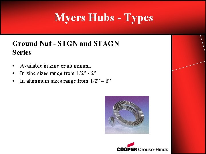 Myers Hubs - Types Ground Nut - STGN and STAGN Series • Available in