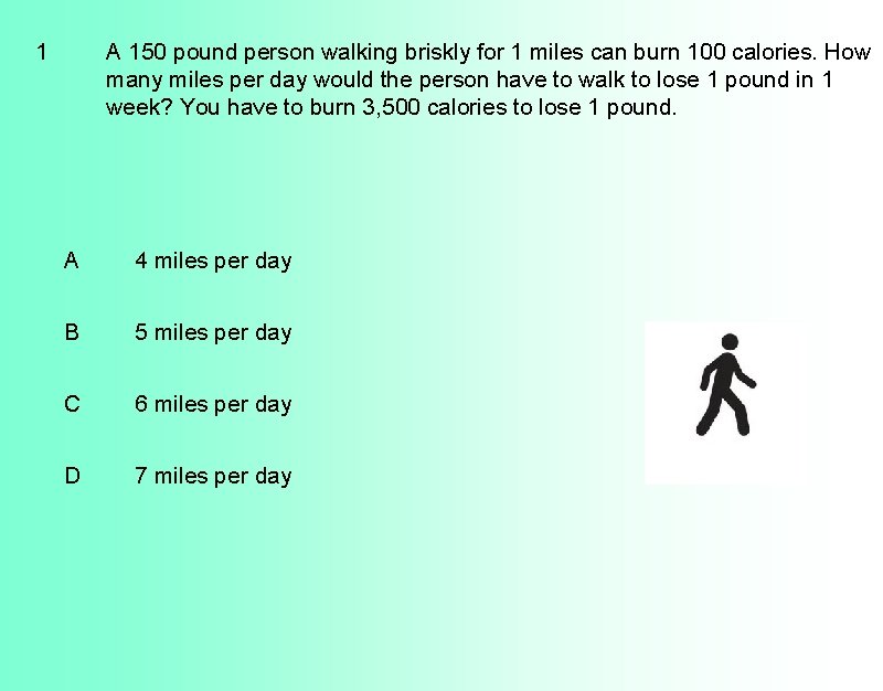 1 A 150 pound person walking briskly for 1 miles can burn 100 calories.