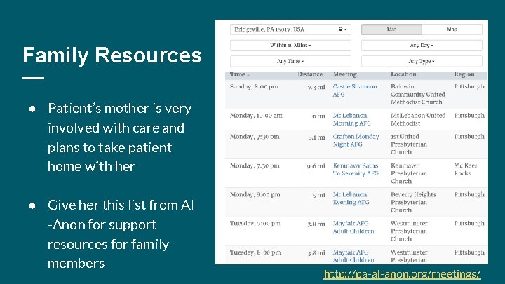Family Resources ● Patient’s mother is very involved with care and plans to take