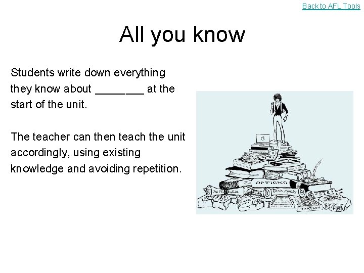 Back to AFL Tools All you know Students write down everything they know about