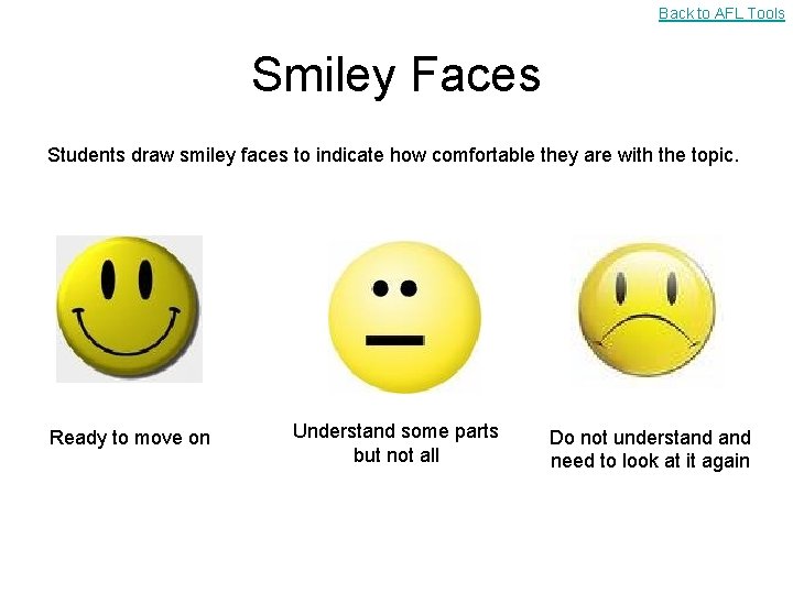 Back to AFL Tools Smiley Faces Students draw smiley faces to indicate how comfortable