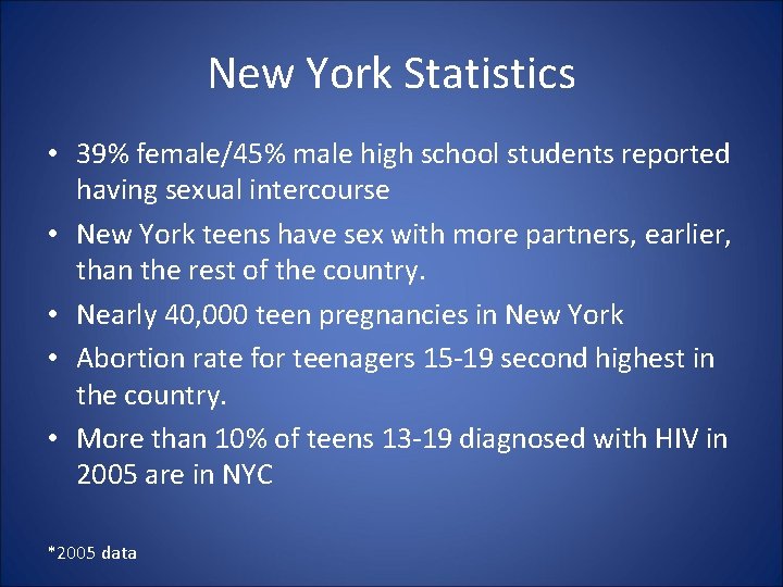 New York Statistics • 39% female/45% male high school students reported having sexual intercourse