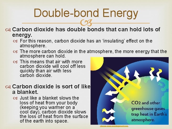 Double-bond Energy Carbon dioxide has double bonds that can hold lots of energy. For