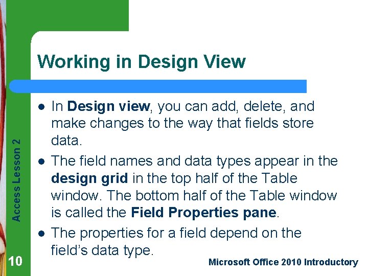 Working in Design View Access Lesson 2 l l l 10 In Design view,