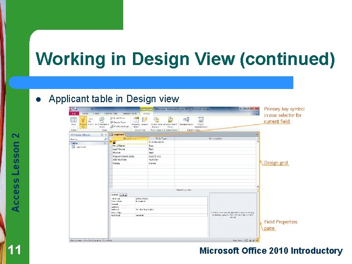 Working in Design View (continued) Applicant table in Design view Access Lesson 2 l