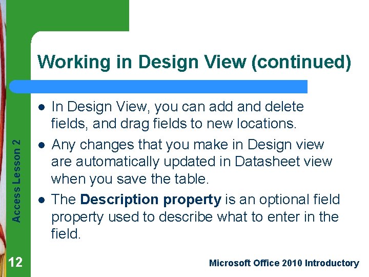 Working in Design View (continued) Access Lesson 2 l 12 l l In Design