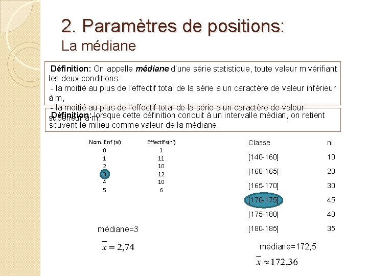 2. Paramètres de positions: La médiane Définition: On appelle médiane d’une série statistique, toute