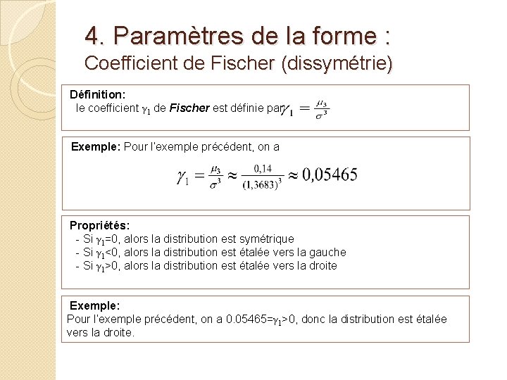 4. Paramètres de la forme : Coefficient de Fischer (dissymétrie) Définition: le coefficient γ