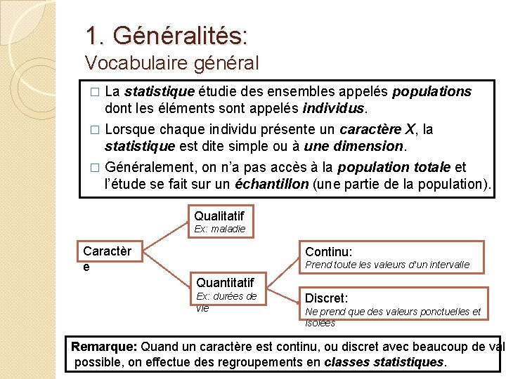 1. Généralités: Vocabulaire général � La statistique étudie des ensembles appelés populations dont les