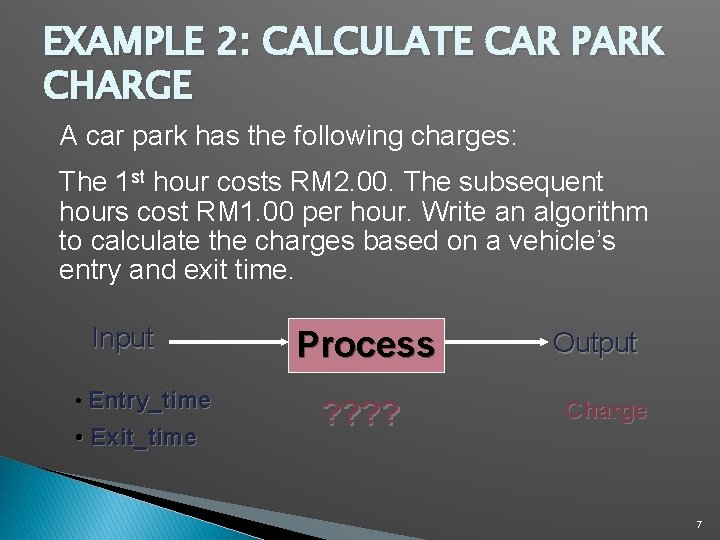 EXAMPLE 2: CALCULATE CAR PARK CHARGE A car park has the following charges: The