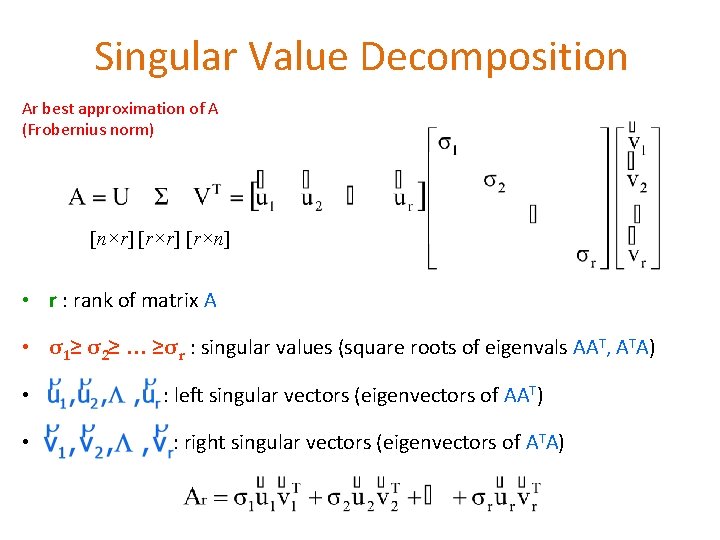 Singular Value Decomposition Ar best approximation of A (Frobernius norm) [n×r] [r×n] • r