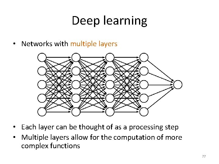 Deep learning • Networks with multiple layers • Each layer can be thought of