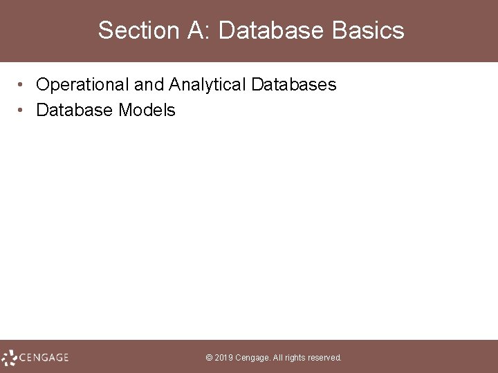 Section A: Database Basics • Operational and Analytical Databases • Database Models © 2019