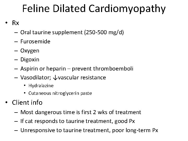 Feline Dilated Cardiomyopathy • Rx – – – Oral taurine supplement (250 -500 mg/d)