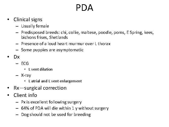 PDA • Clinical signs – Usually female – Predisposed breeds: chi, collie, maltese, poodle,