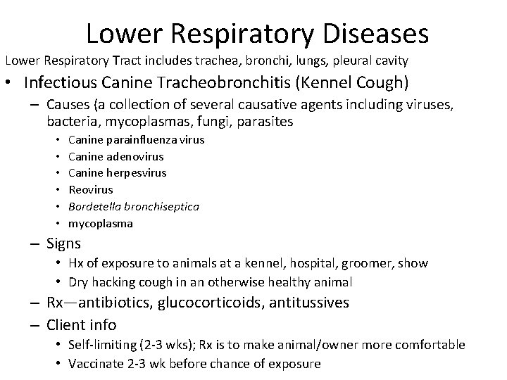 Lower Respiratory Diseases Lower Respiratory Tract includes trachea, bronchi, lungs, pleural cavity • Infectious