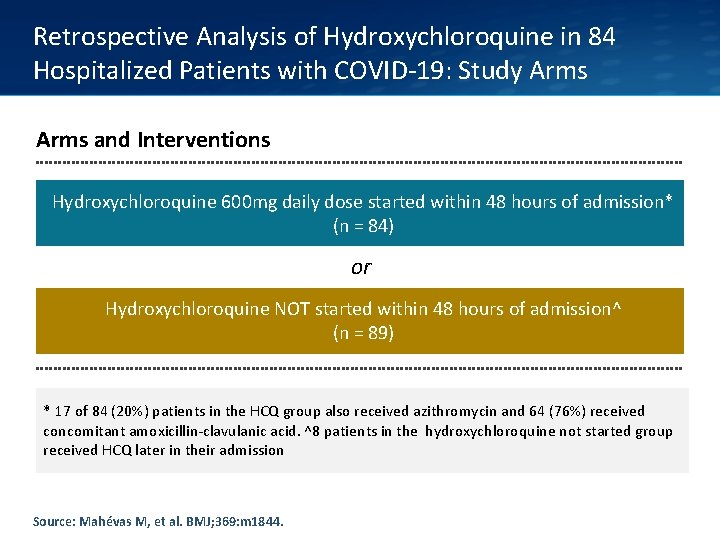 Retrospective Analysis of Hydroxychloroquine in 84 Hospitalized Patients with COVID-19: Study Arms and Interventions