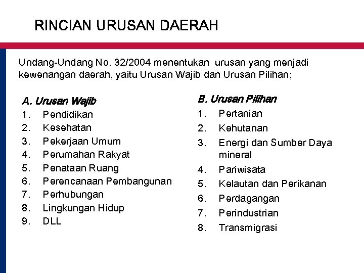 RINCIAN URUSAN DAERAH Undang-Undang No. 32/2004 menentukan urusan yang menjadi kewenangan daerah, yaitu Urusan