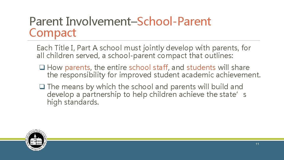 Parent Involvement in Title I, Part A Parent Involvement–School-Parent Compact Each Title I, Part