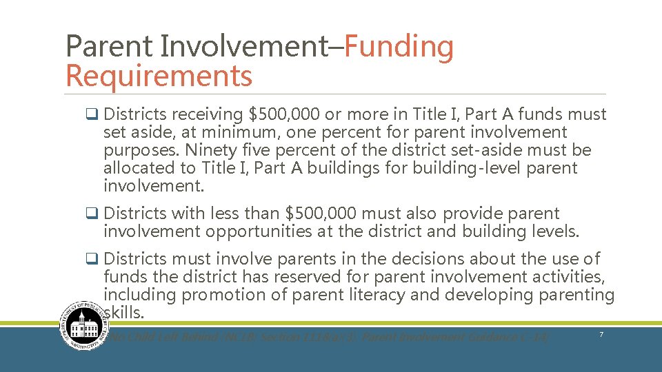 Parent Involvement–Funding Requirements q Districts receiving $500, 000 or more in Title I, Part