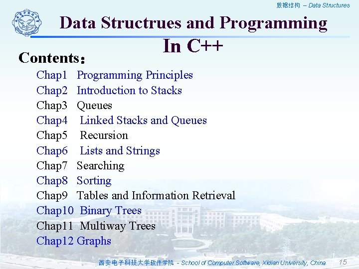 数据结构 – Data Structures Data Structrues and Programming Contents： In C++ Chap 1 Programming
