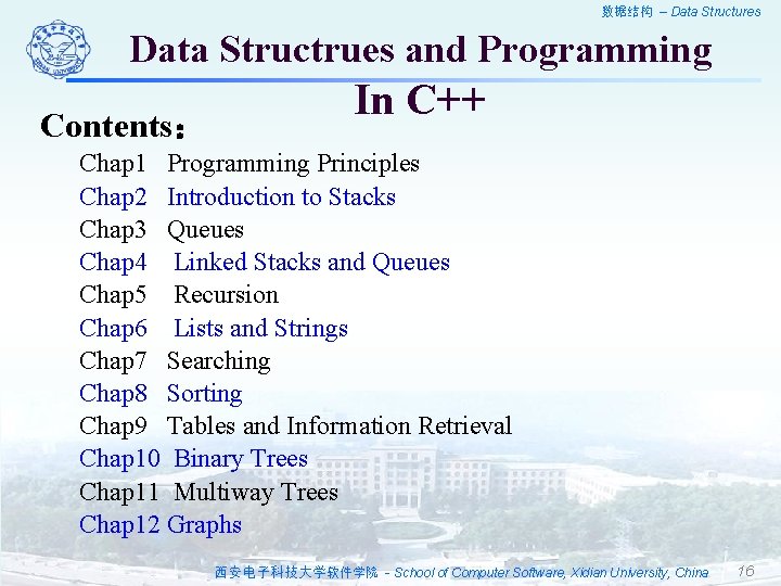 数据结构 – Data Structures Data Structrues and Programming Contents： In C++ Chap 1 Programming