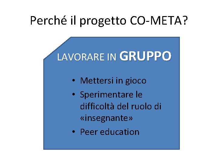 Perché il progetto CO-META? LAVORARE IN GRUPPO • Mettersi in gioco • Sperimentare le