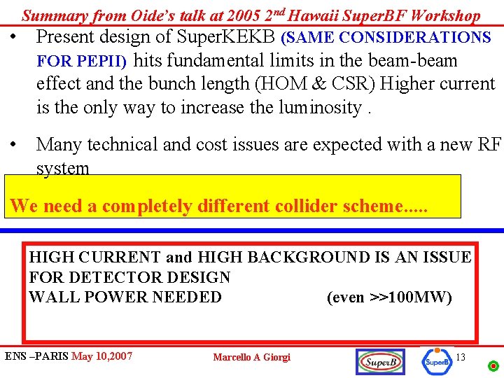 Summary from Oide’s talk at 2005 2 nd Hawaii Super. BF Workshop • Present