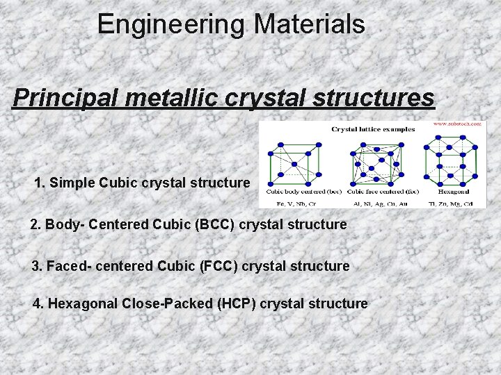 Engineering Materials Principal metallic crystal structures 1. Simple Cubic crystal structure 2. Body- Centered