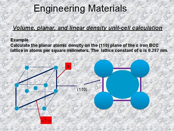 Engineering Materials Volume, planar, and linear density unit-cell calculation Example Calculate the planar atomic