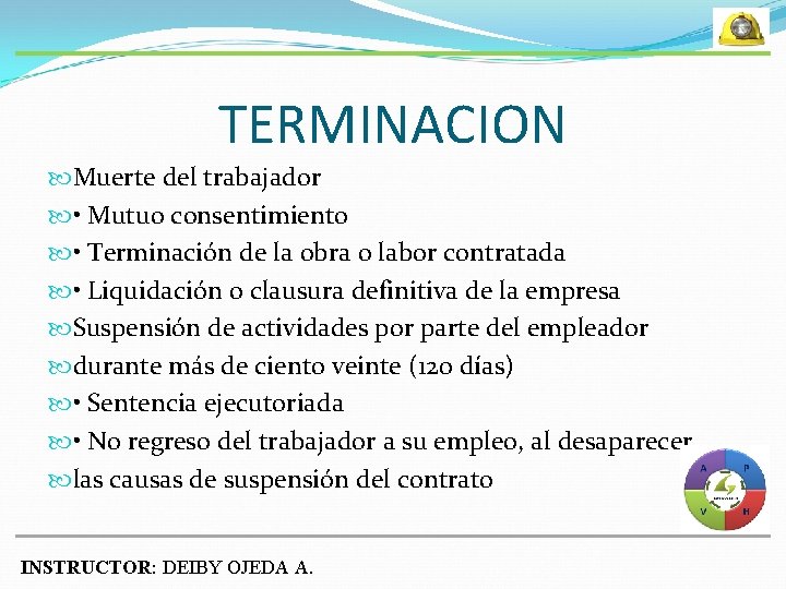 TERMINACION Muerte del trabajador • Mutuo consentimiento • Terminación de la obra o labor