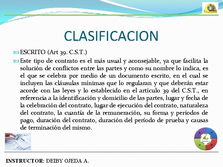 CLASIFICACION ESCRITO (Art 39. C. S. T. ) Este tipo de contrato es el