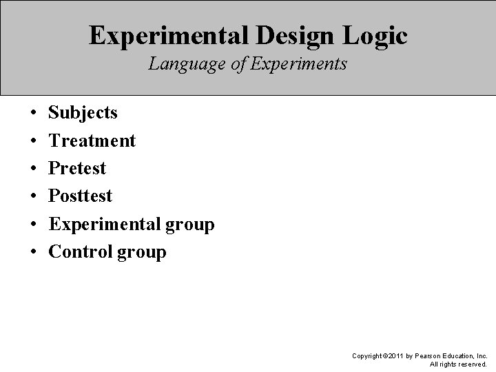 Experimental Design Logic Language of Experiments • • • Subjects Treatment Pretest Posttest Experimental