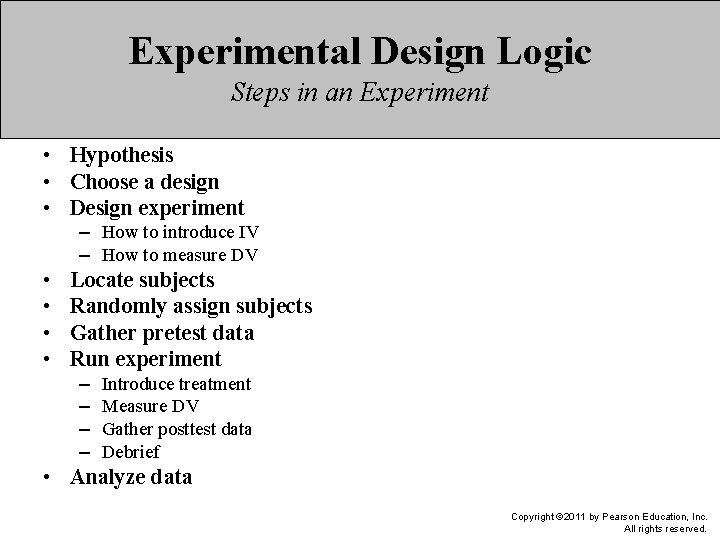 Experimental Design Logic Steps in an Experiment • Hypothesis • Choose a design •