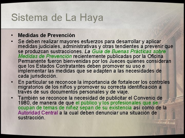 Sistema de La Haya • Medidas de Prevención • Se deben realizar mayores esfuerzos