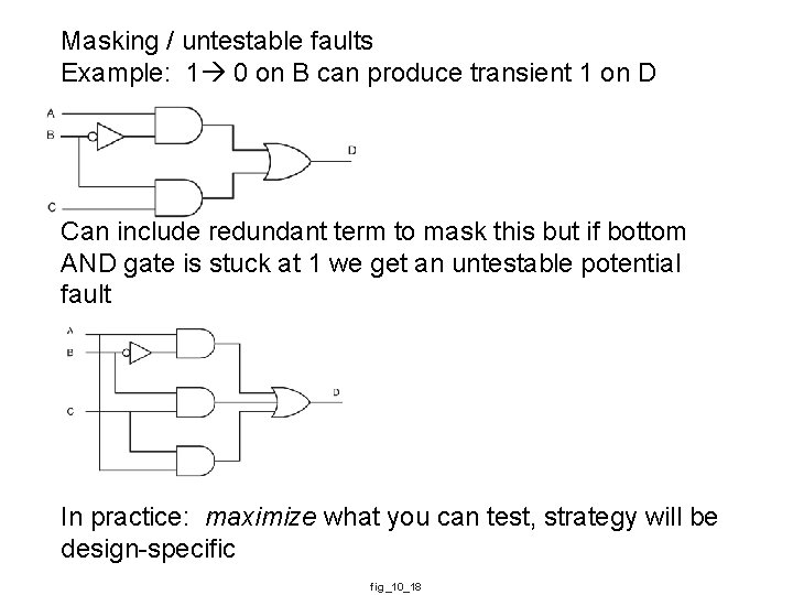 Masking / untestable faults Example: 1 0 on B can produce transient 1 on