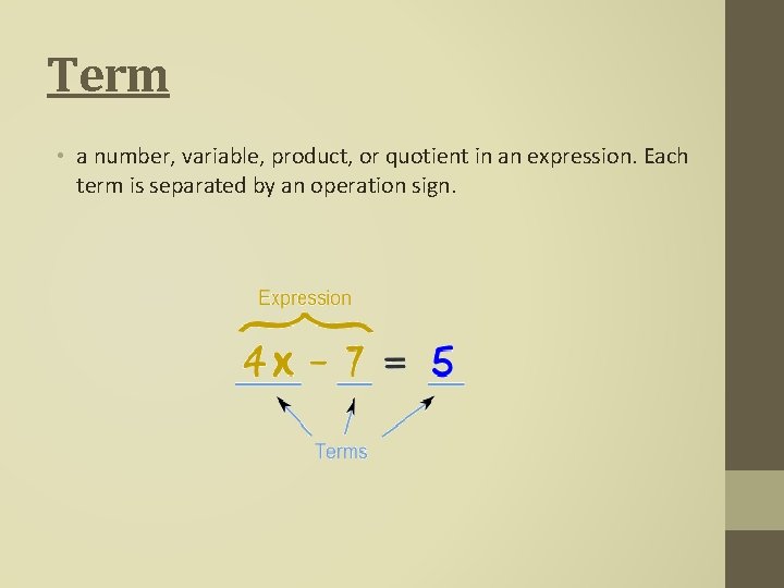 Term • a number, variable, product, or quotient in an expression. Each term is Term • a number, variable, product, or quotient in an expression. Each term is
