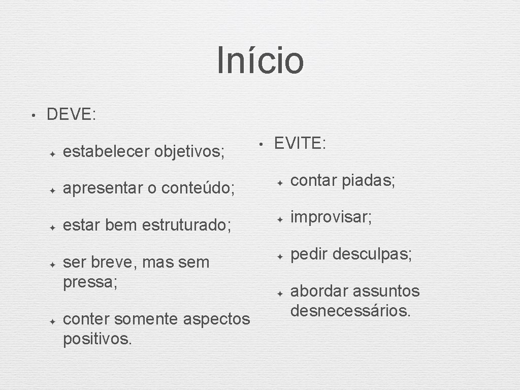 Início • DEVE: ✦ estabelecer objetivos; ✦ ✦ • EVITE: apresentar o conteúdo; ✦