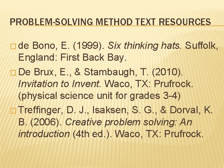 PROBLEM-SOLVING METHOD TEXT RESOURCES � de Bono, E. (1999). Six thinking hats. Suffolk, England: