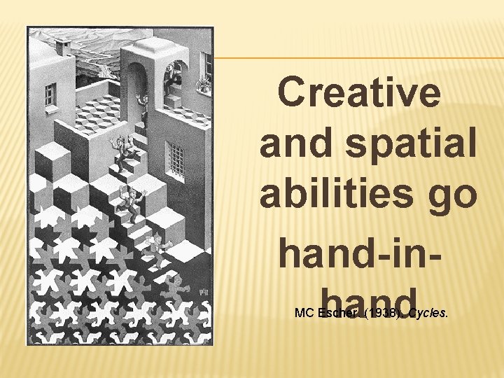 Creative and spatial abilities go hand-inhand MC Escher. (1938). Cycles. 
