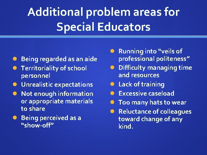 Additional problem areas for Special Educators Being regarded as an aide Territoriality of school