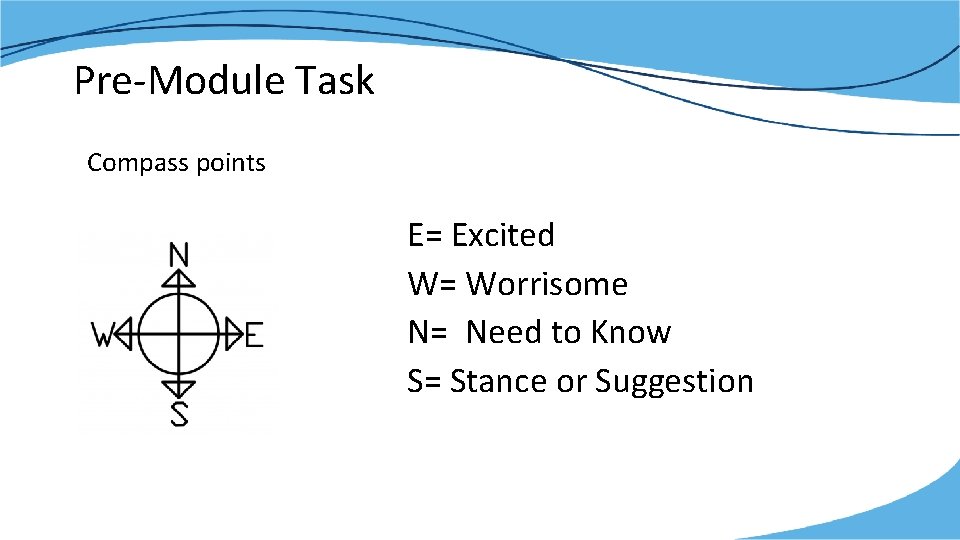 Pre-Module Task Compass points E= Excited W= Worrisome N= Need to Know S= Stance