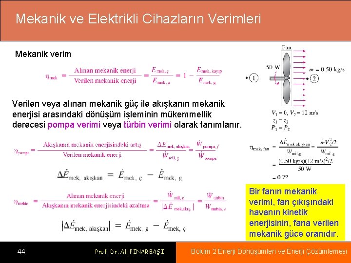 Mekanik ve Elektrikli Cihazların Verimleri Mekanik verim Verilen veya alınan mekanik güç ile akışkanın