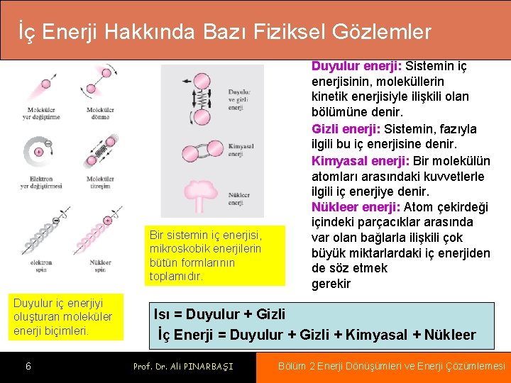 İç Enerji Hakkında Bazı Fiziksel Gözlemler Bir sistemin iç enerjisi, mikroskobik enerjilerin bütün formlarının